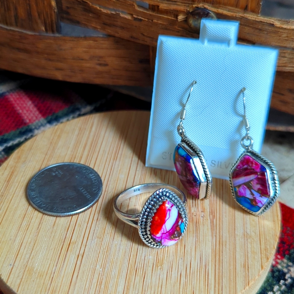 Dahlia Earrings & Ring Size 10 New! .925 Sterling Silver